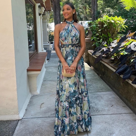 Mac Duggal Floral Halter Maxi Dress